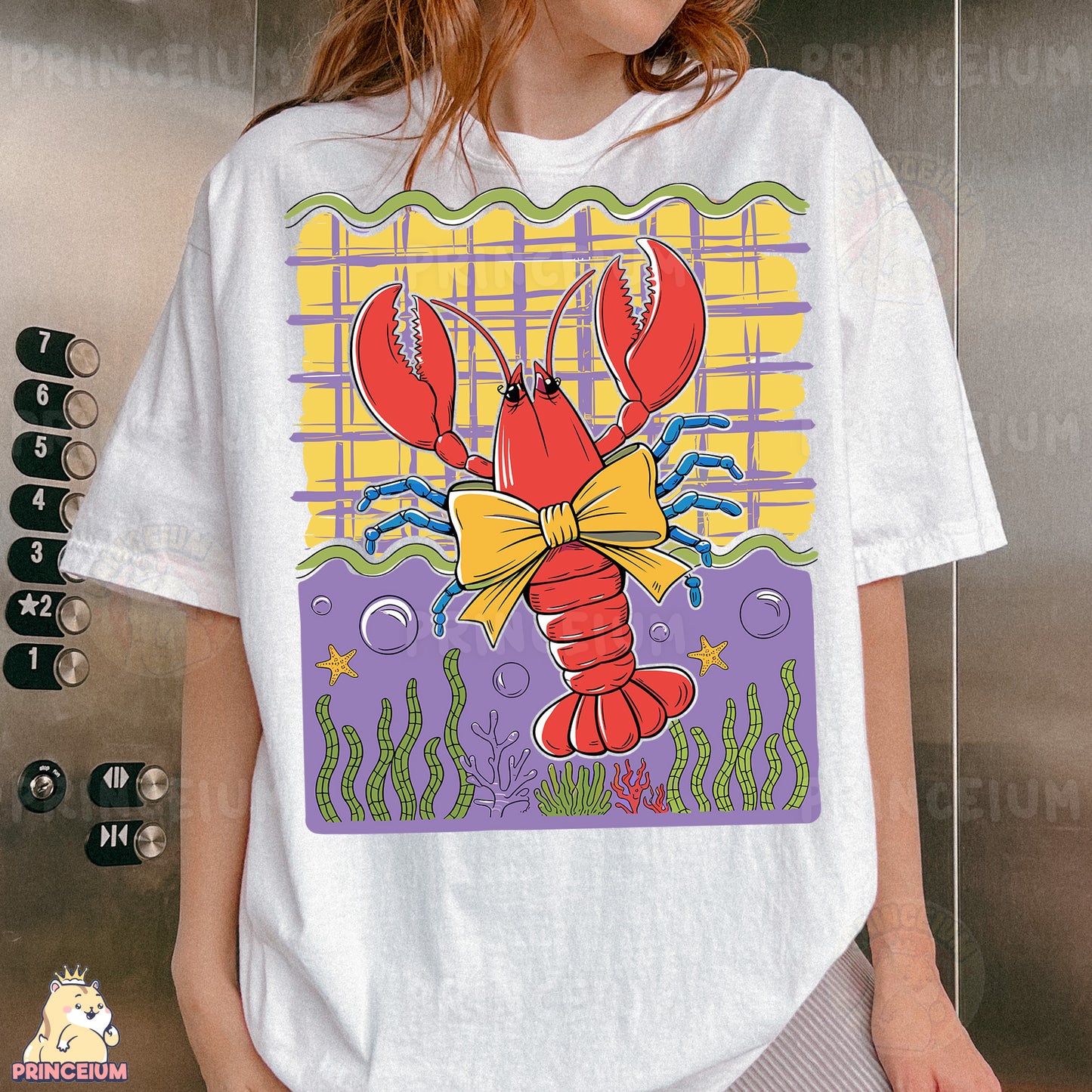 a woman wearing a t - shirt with a picture of a lobster on it