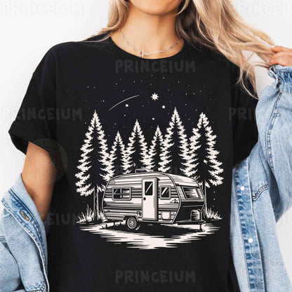 a woman wearing a black shirt with a camper and trees on it