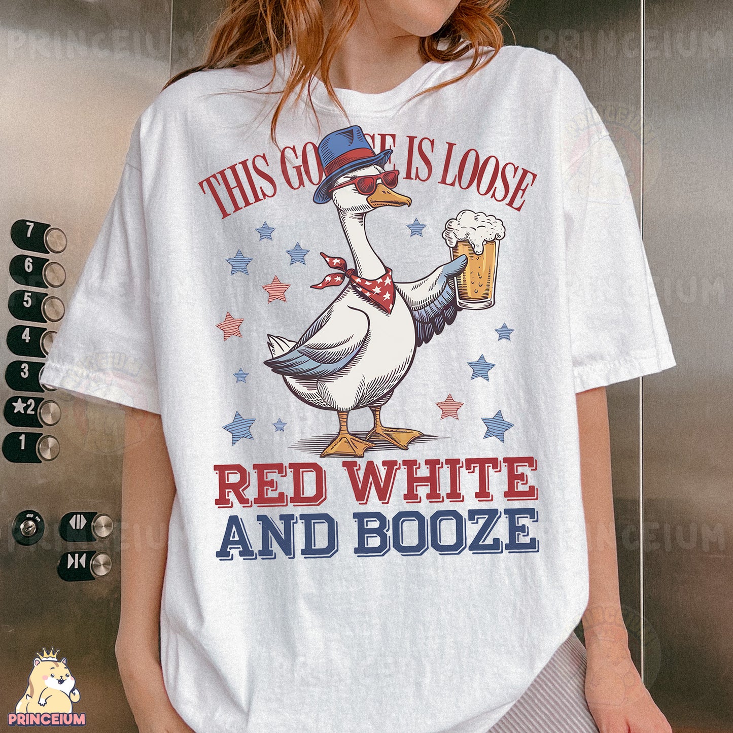 a woman wearing a red white and booze shirt