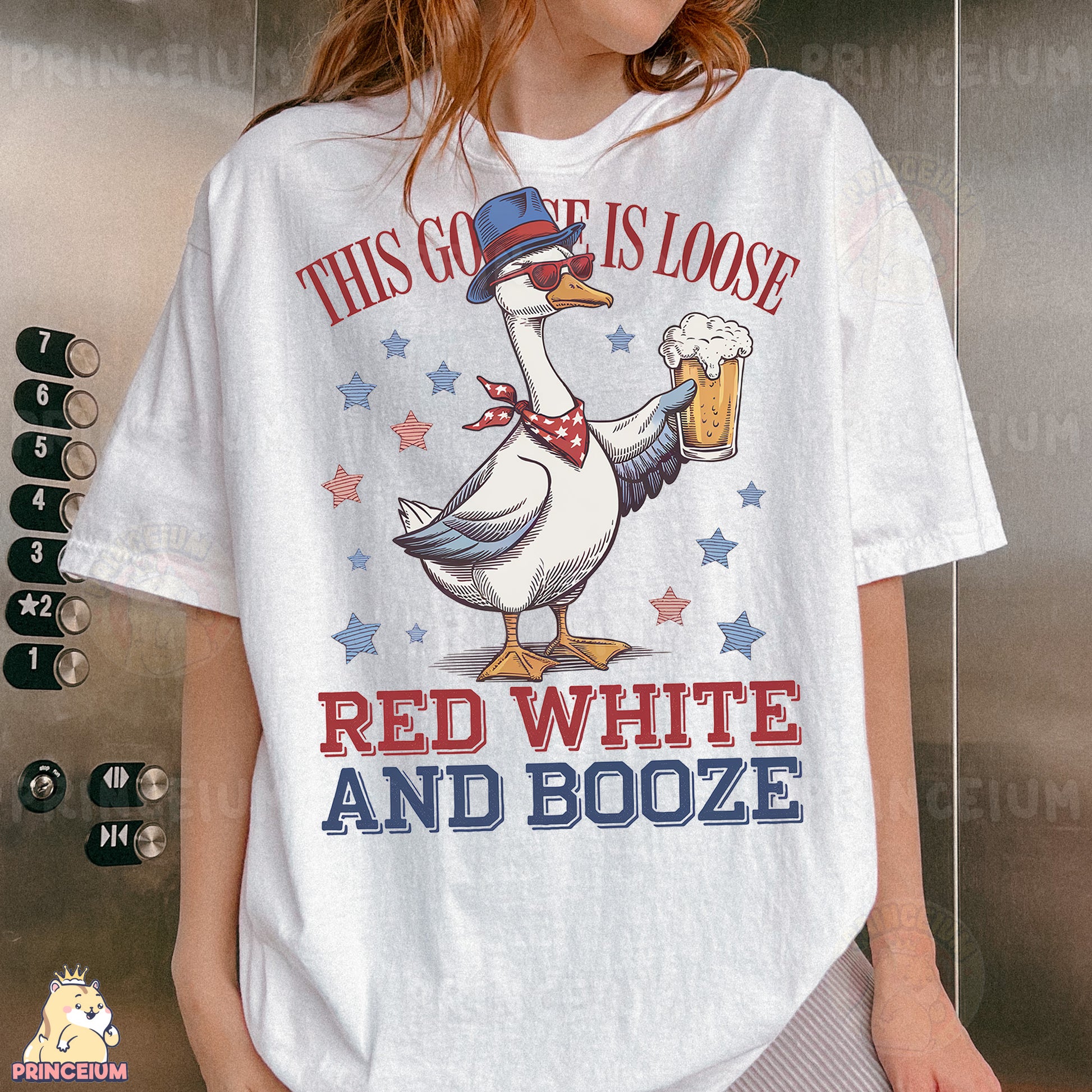 a woman wearing a red white and booze shirt