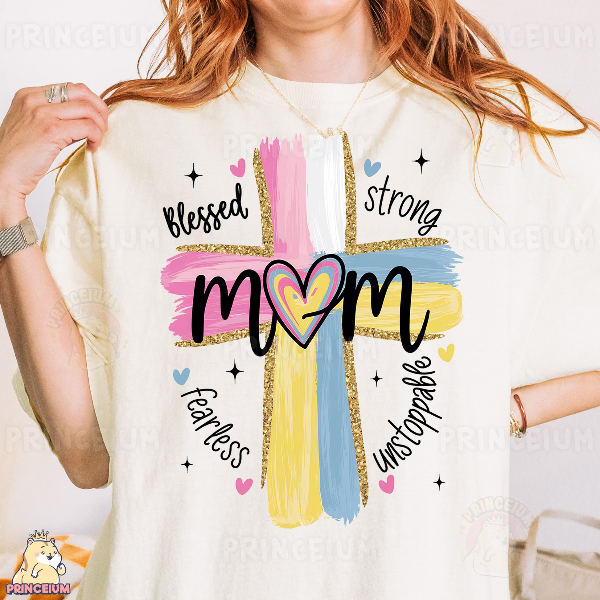 a woman wearing a t - shirt with a cross on it