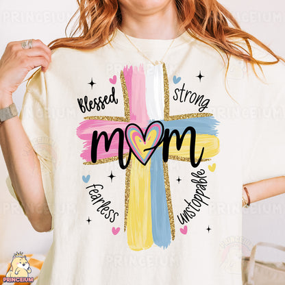 a woman wearing a t - shirt with a cross on it