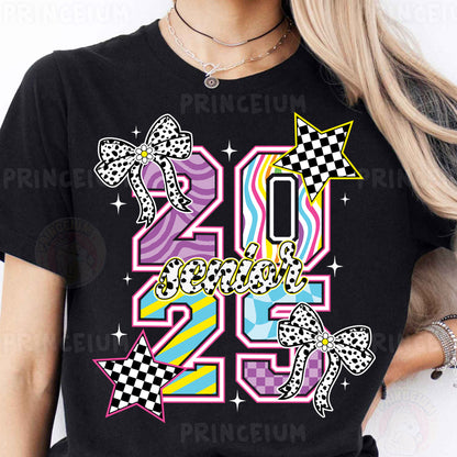 a woman wearing a black tshirt with a colorful bow and number