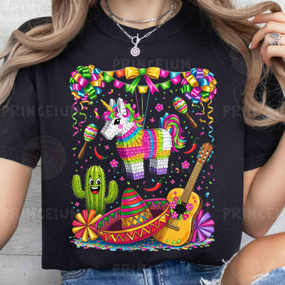 a woman wearing a black t - shirt with an image of a llama and