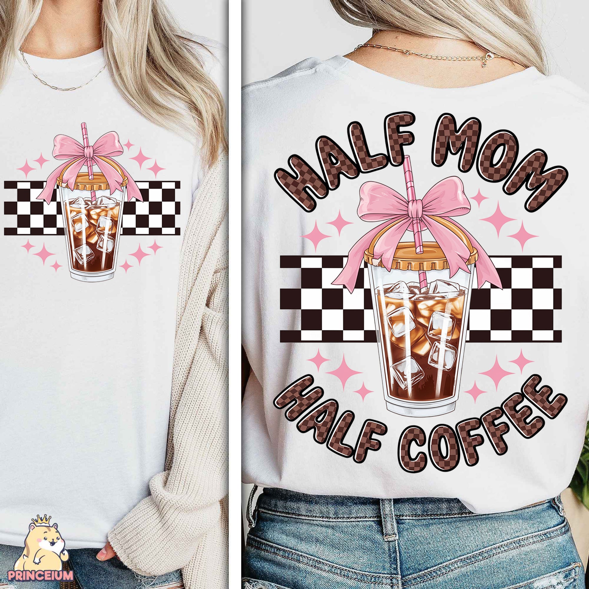 a woman wearing a half moon coffee shirt