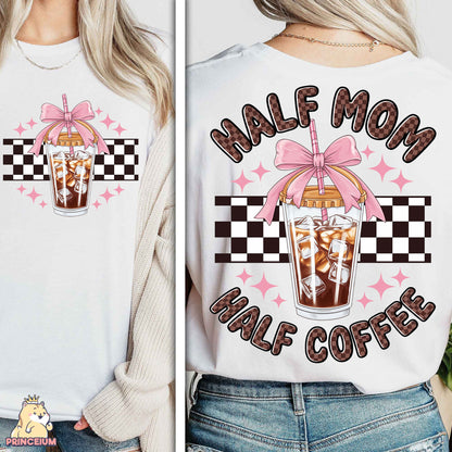 a woman wearing a half moon coffee shirt