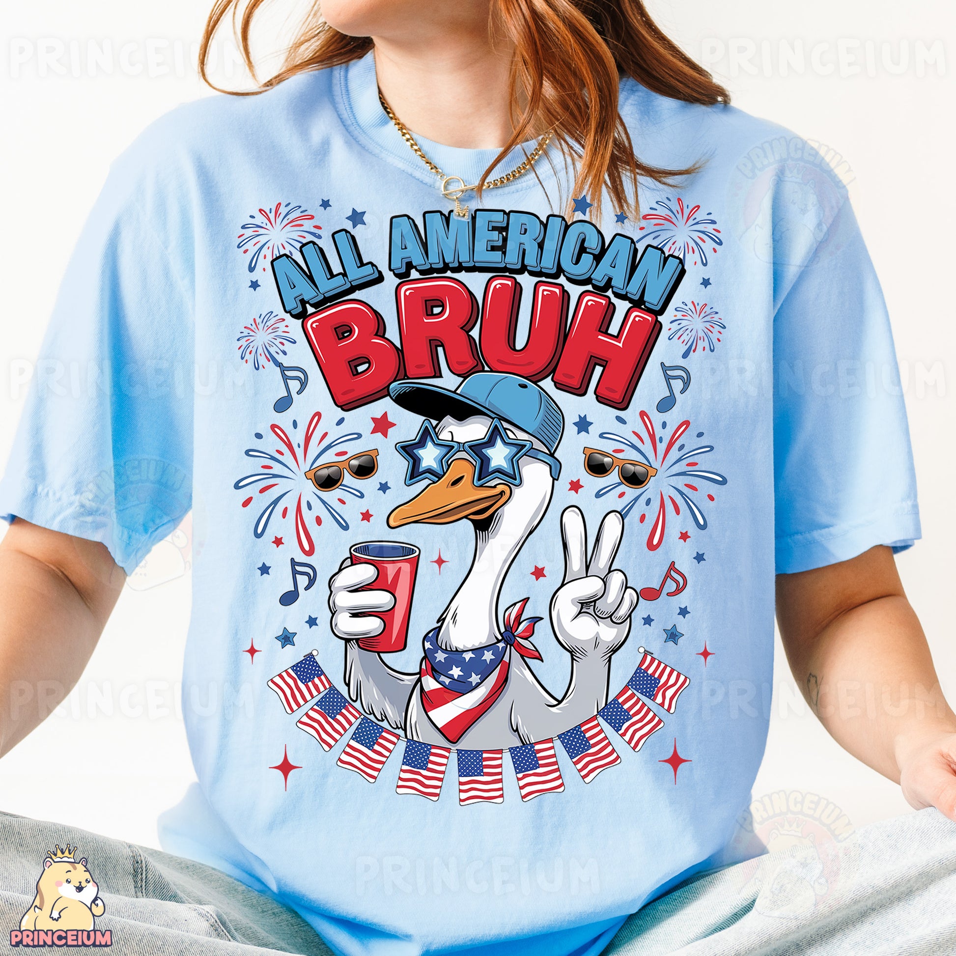 a woman wearing a blue shirt with an american bruh on it