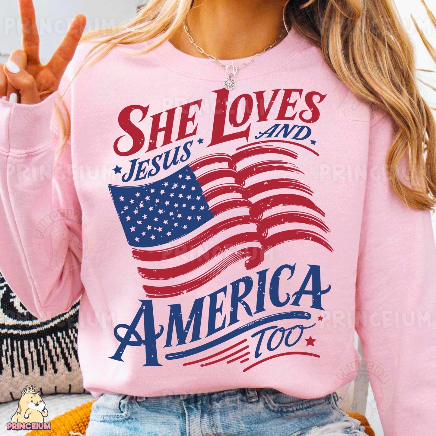 a woman wearing a pink shirt with an american flag on it