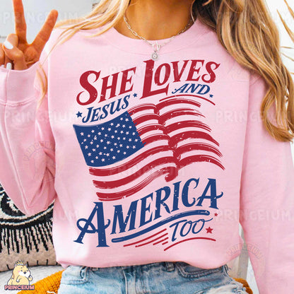 a woman wearing a pink shirt with an american flag on it