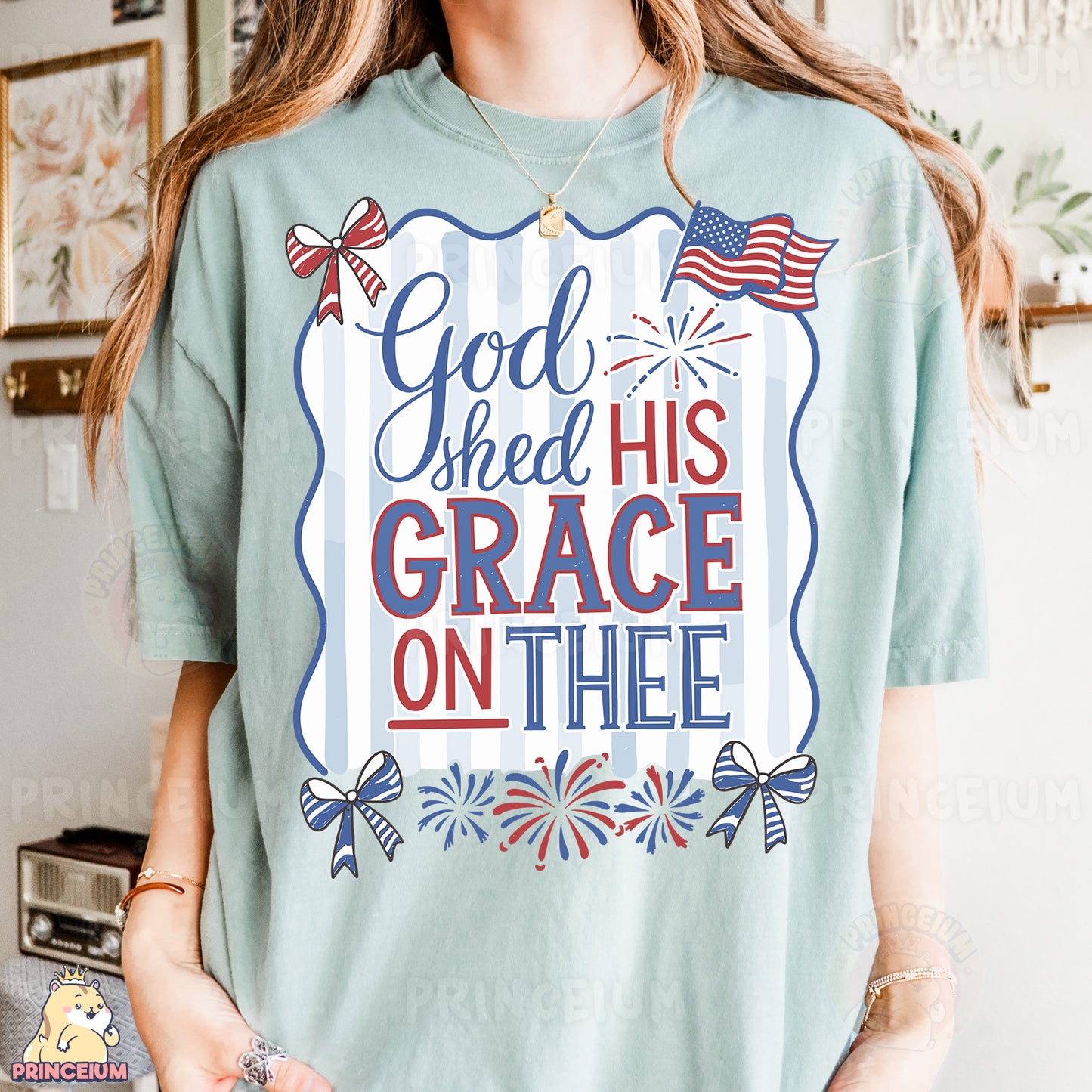 a woman wearing a t - shirt that says god shed his grace on the inside