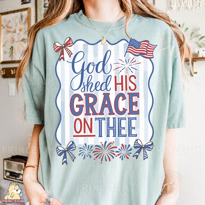 a woman wearing a t - shirt that says god shed his grace on the inside