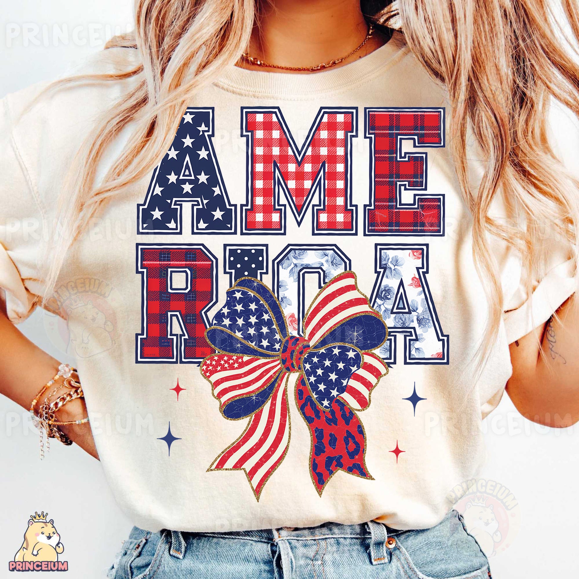 a woman wearing a t - shirt with an american flag bow