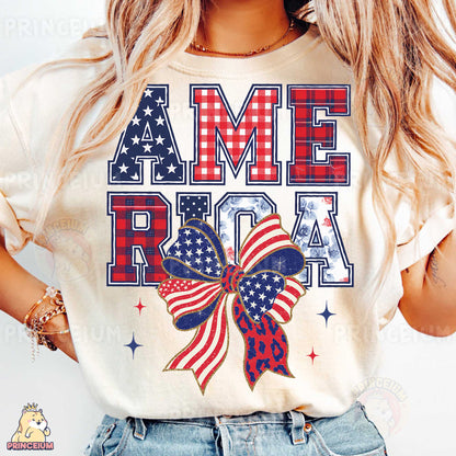a woman wearing a t - shirt with an american flag bow