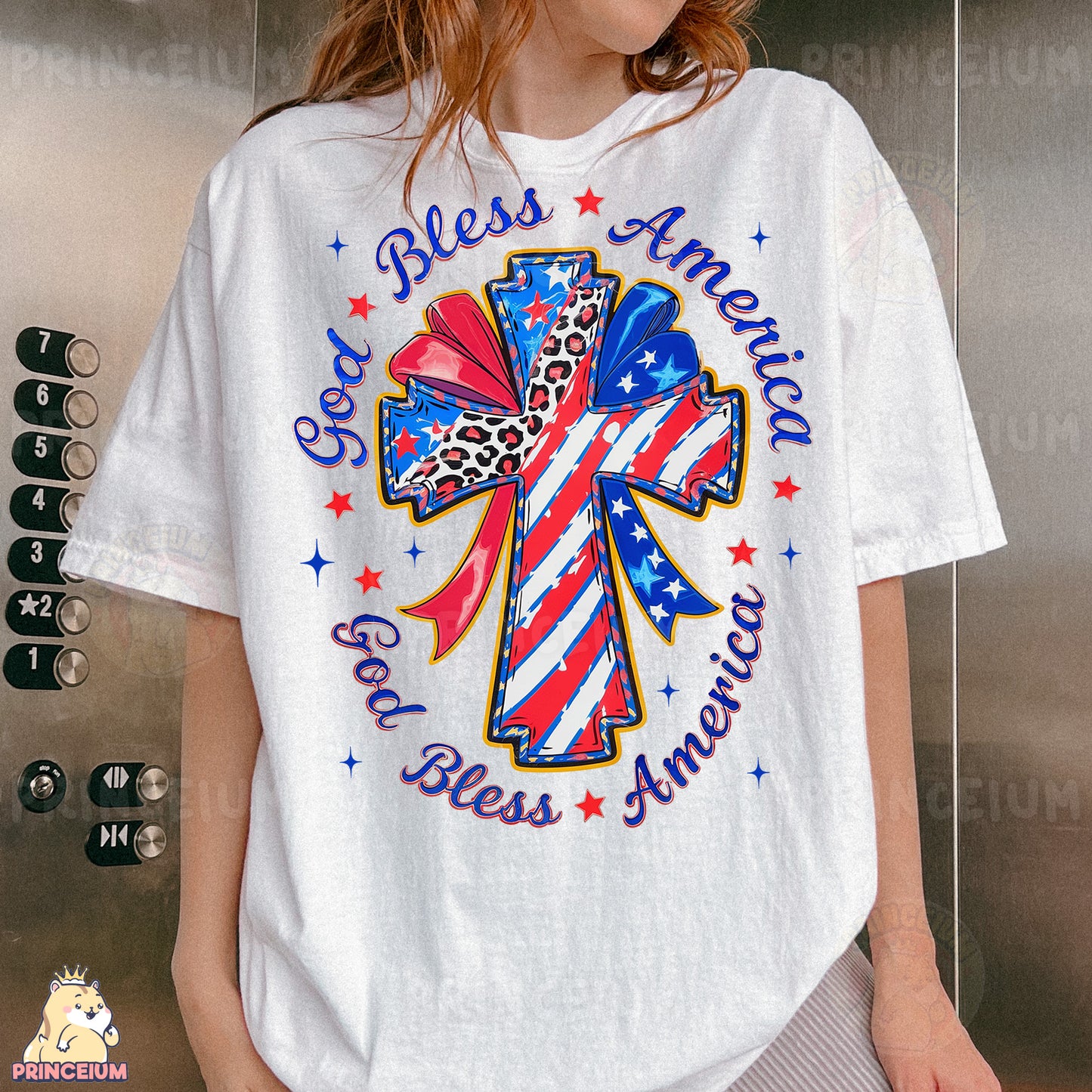 a woman wearing a white shirt with a cross on it