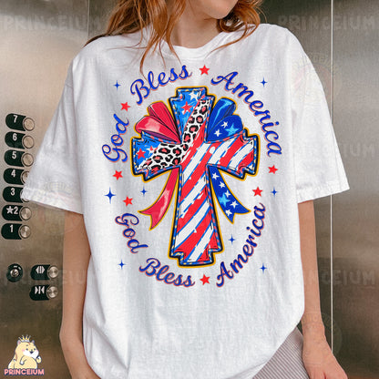 a woman wearing a white shirt with a cross on it