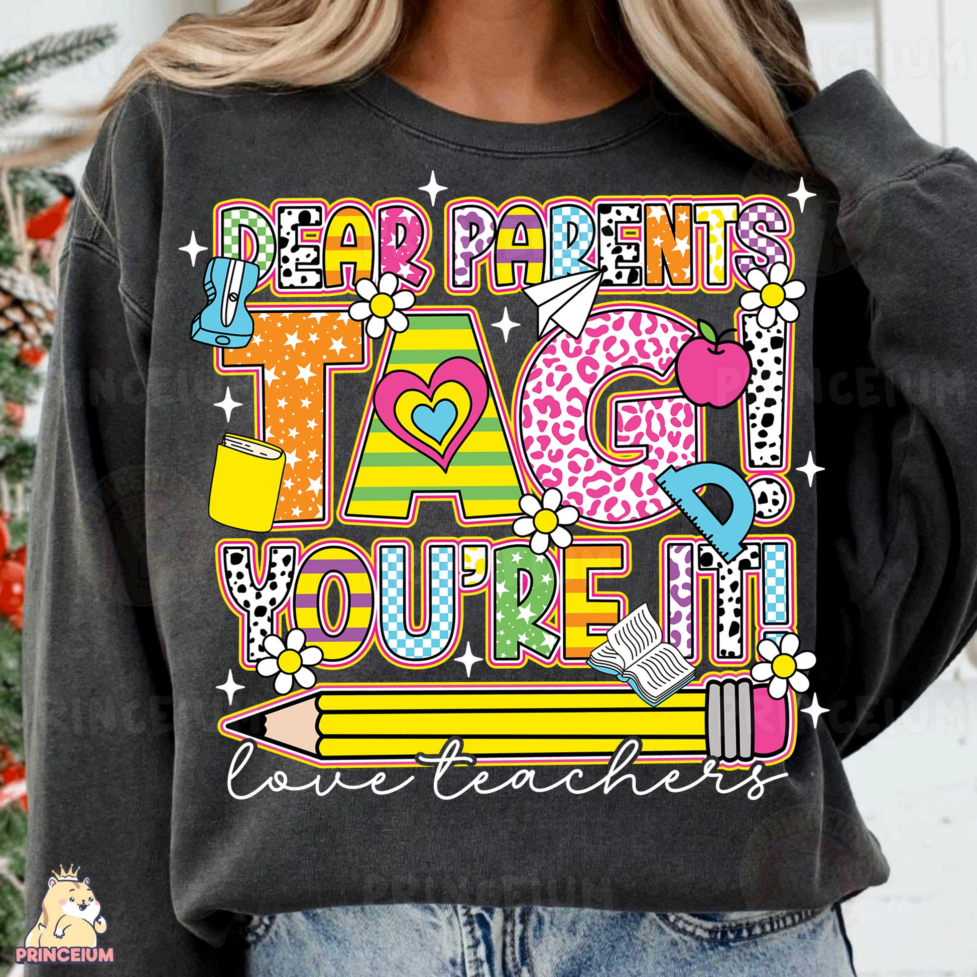 a woman wearing a black sweatshirt that says dear parents i love you're all