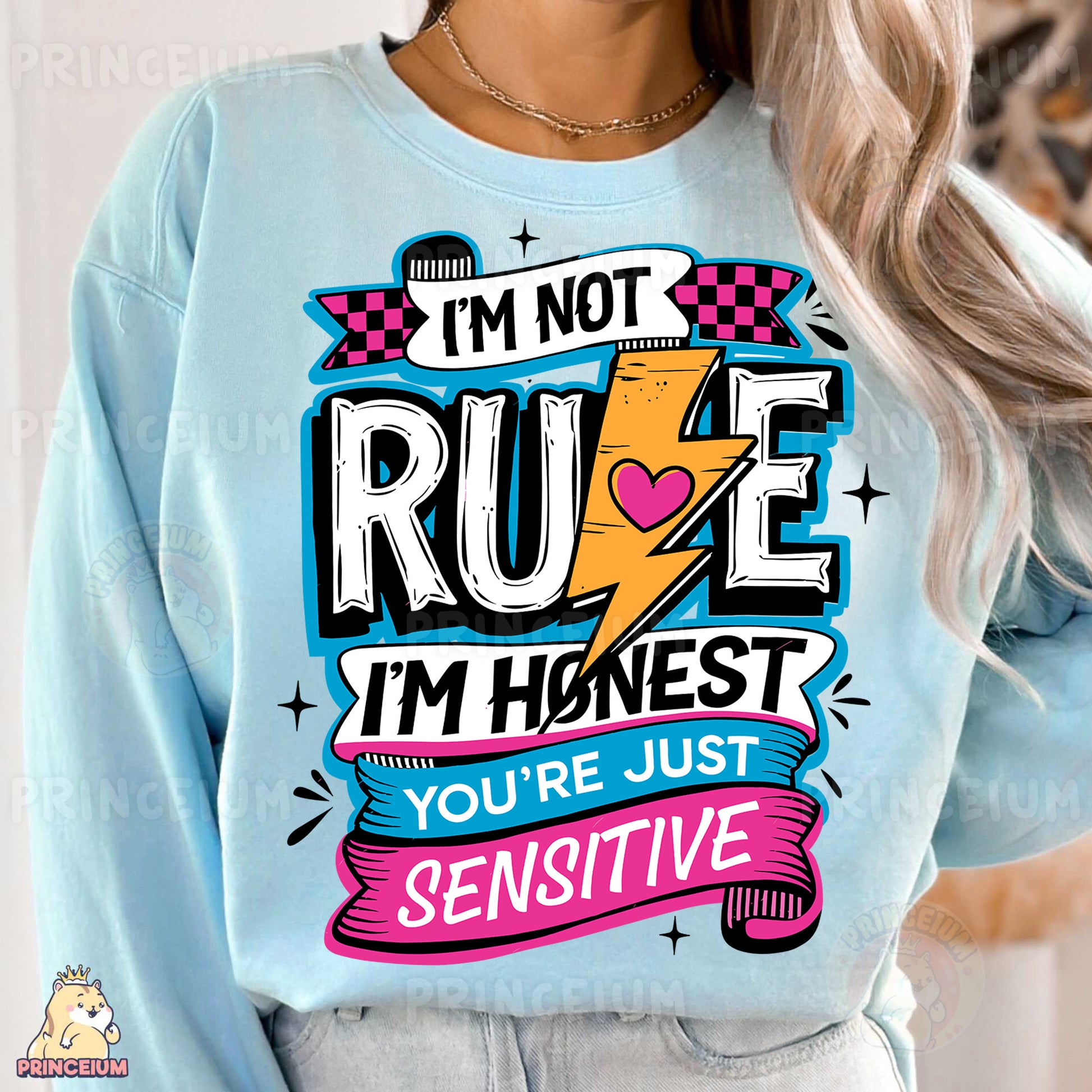 a woman wearing a blue sweatshirt that says i'm not rude i'm