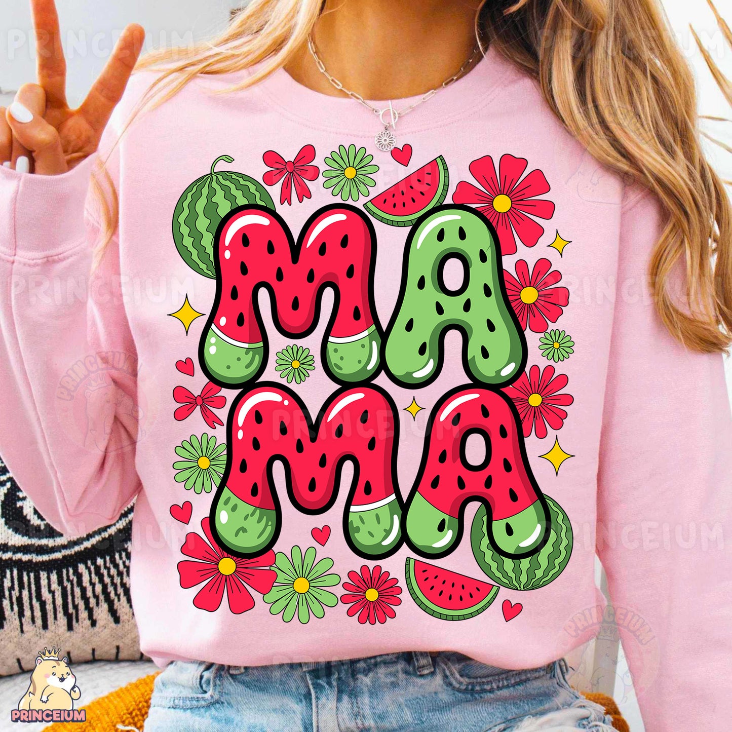 a woman wearing a pink sweatshirt with the word jam on it