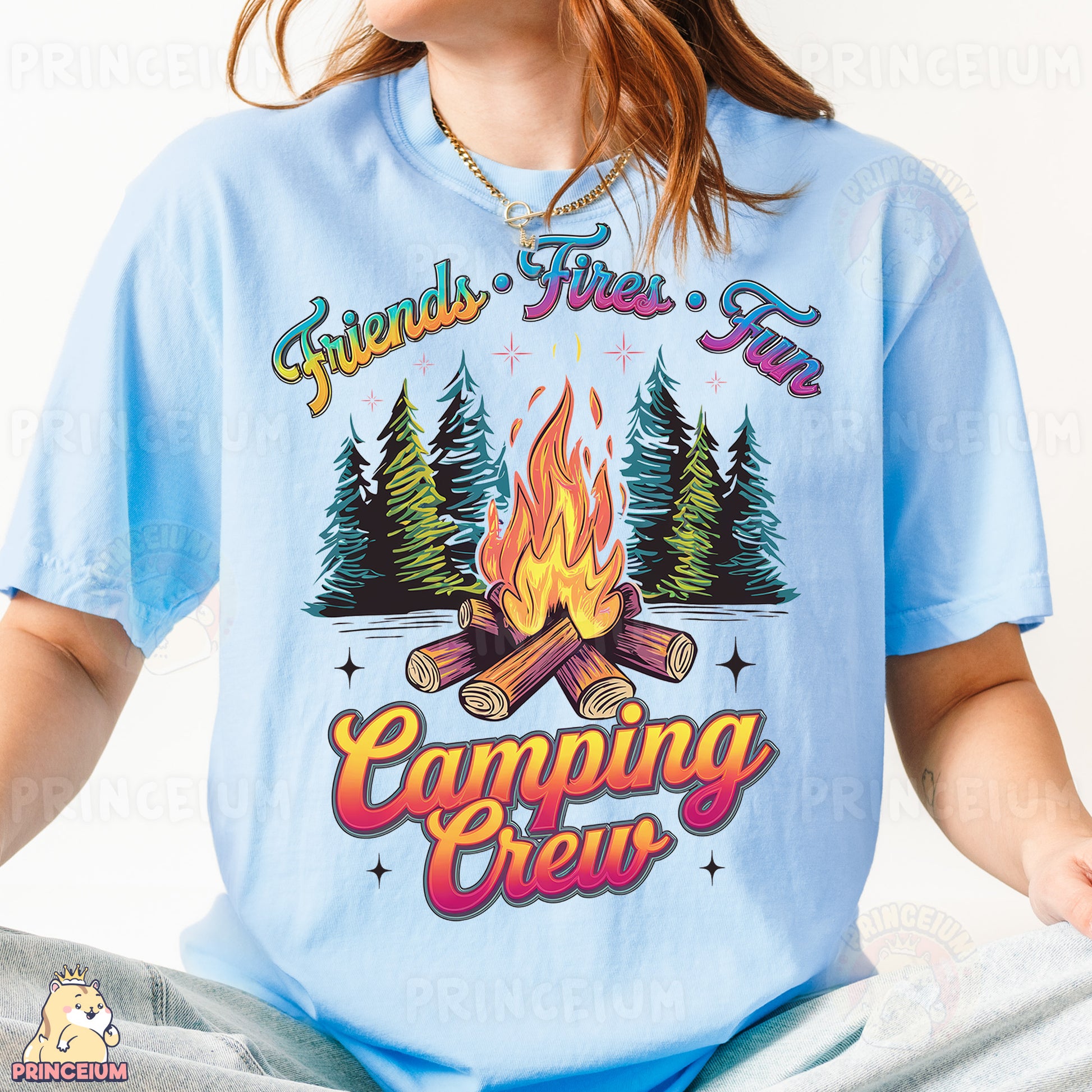 a woman wearing a blue camping crew t - shirt