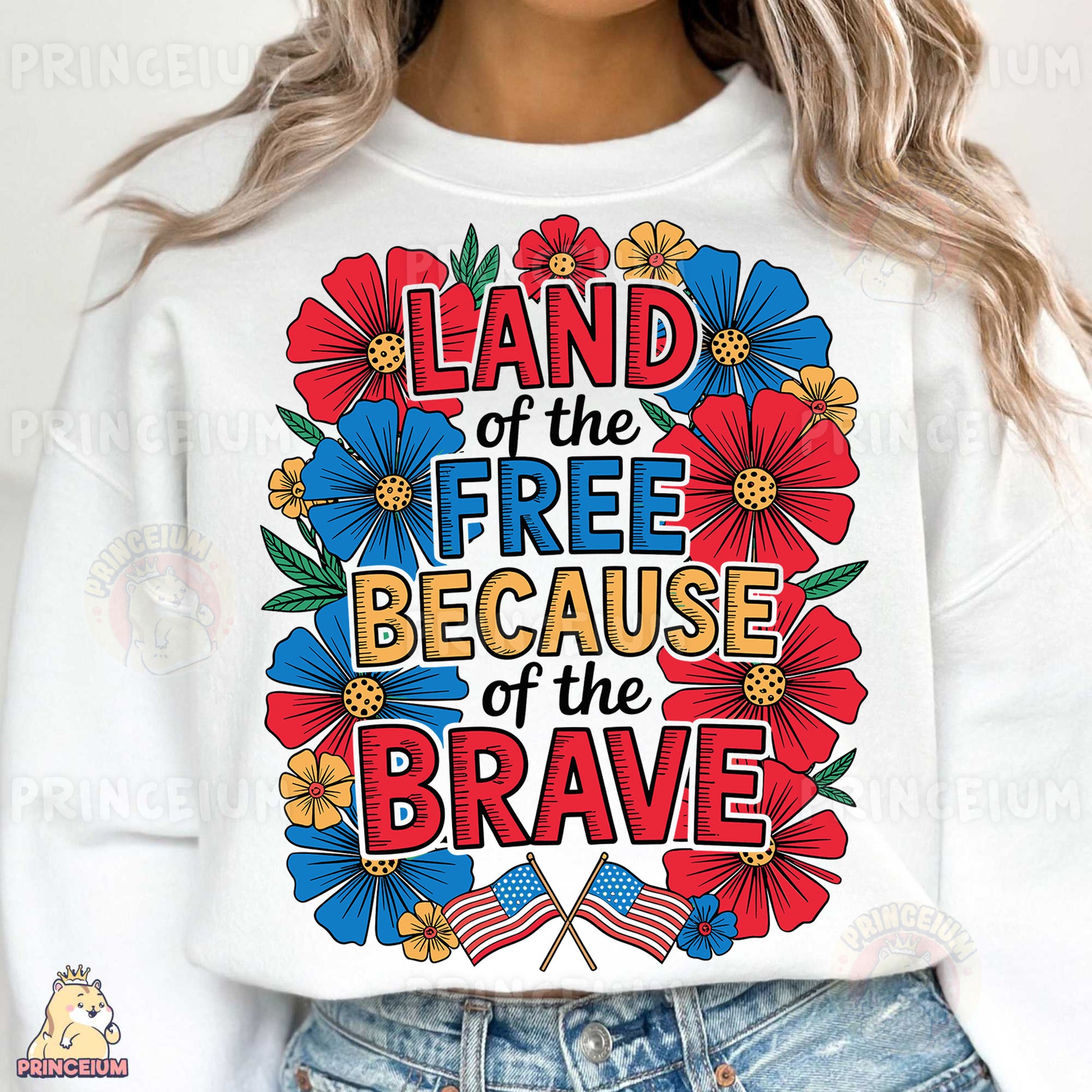 a woman wearing a white sweatshirt that says land of the free because of the brave