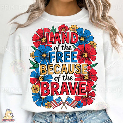a woman wearing a white sweatshirt that says land of the free because of the brave