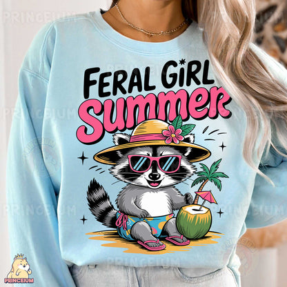 a woman wearing a blue shirt with a raccoon wearing a hat and sunglasses