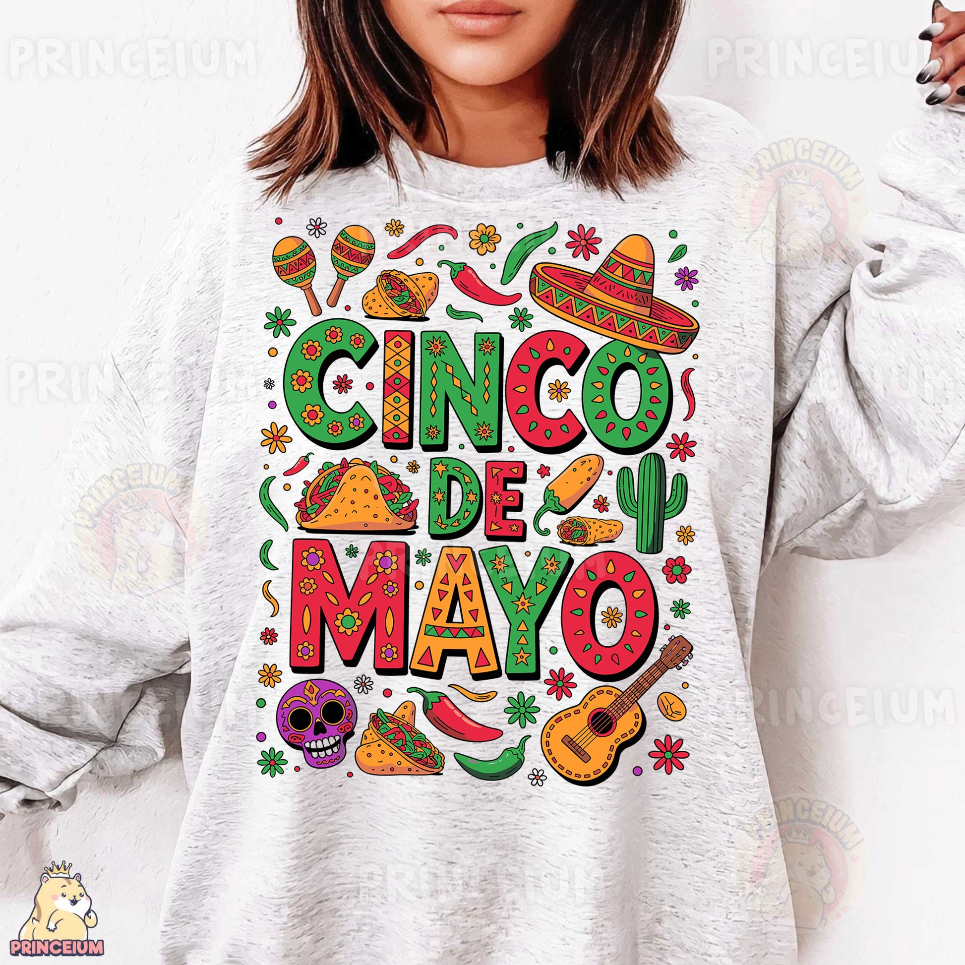 a woman wearing a cinco de mayo sweatshirt
