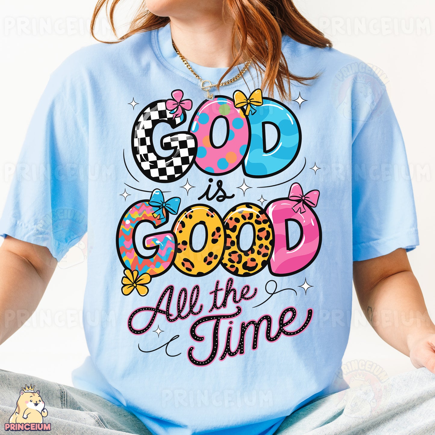a woman wearing a t - shirt that says god is good all the time