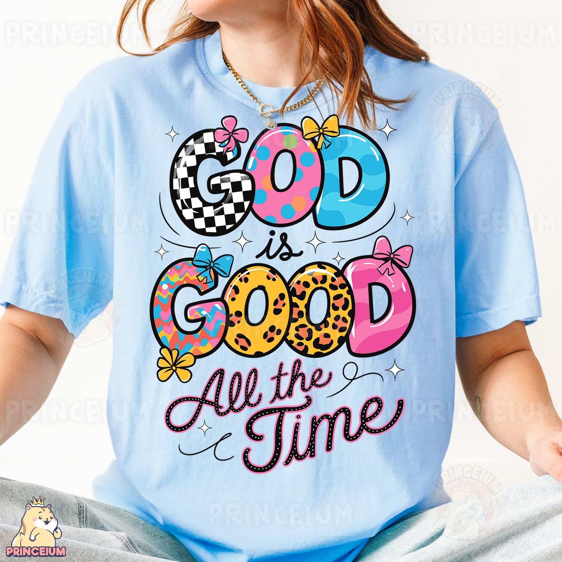 a woman wearing a t - shirt that says god is good all the time