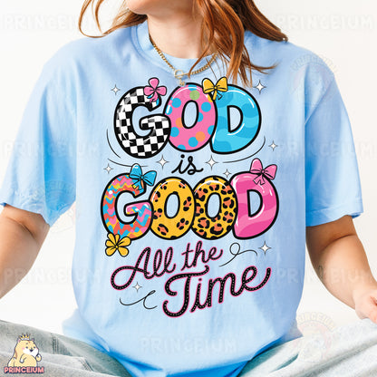 a woman wearing a t - shirt that says god is good all the time