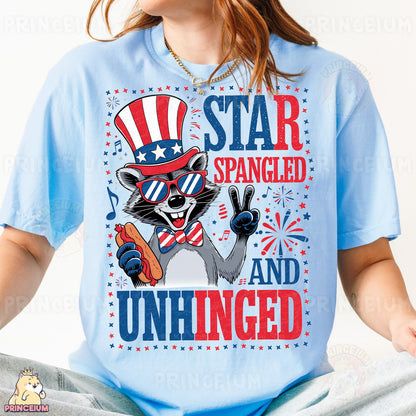 a woman wearing a blue shirt with a raccoon on it