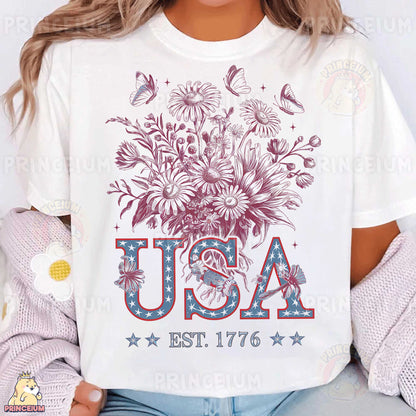 a woman wearing a white usa t - shirt