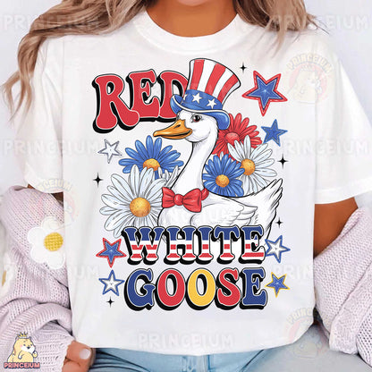 a woman wearing a red, white, and blue goose t - shirt