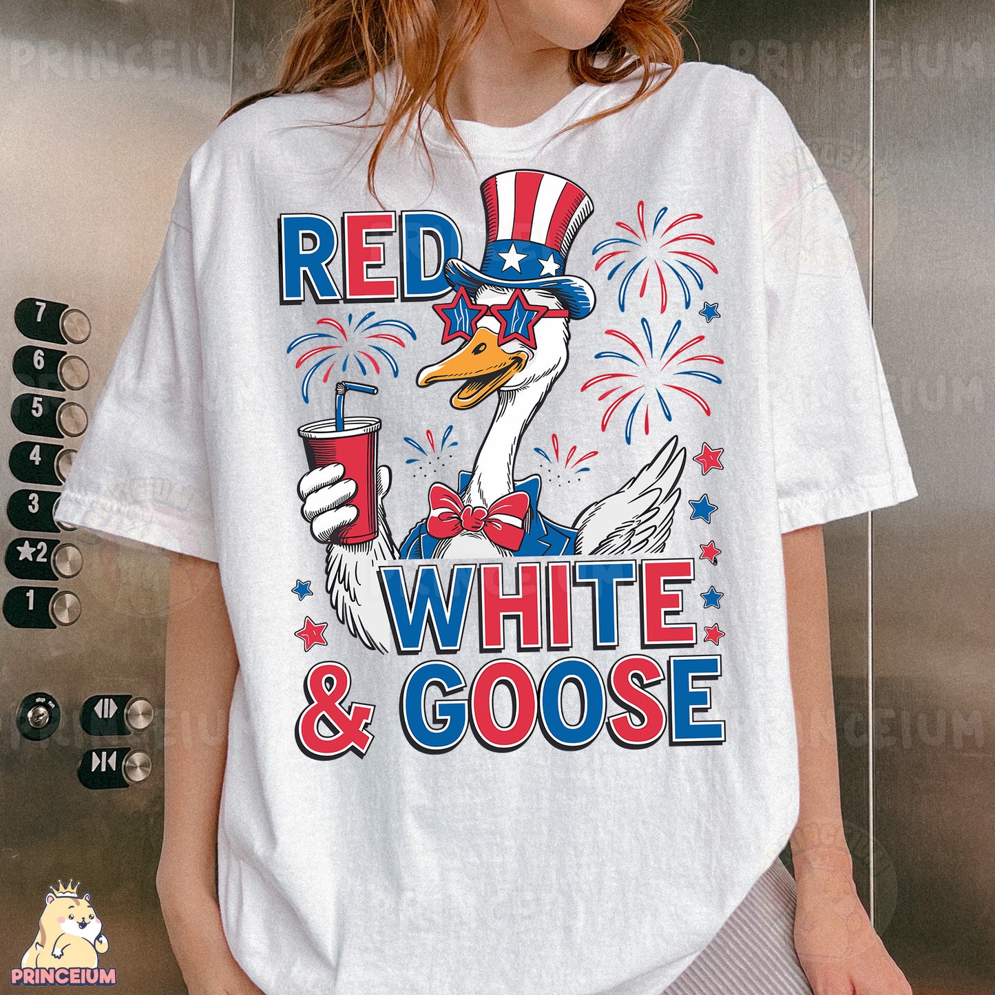 a woman wearing a red, white and goose t - shirt