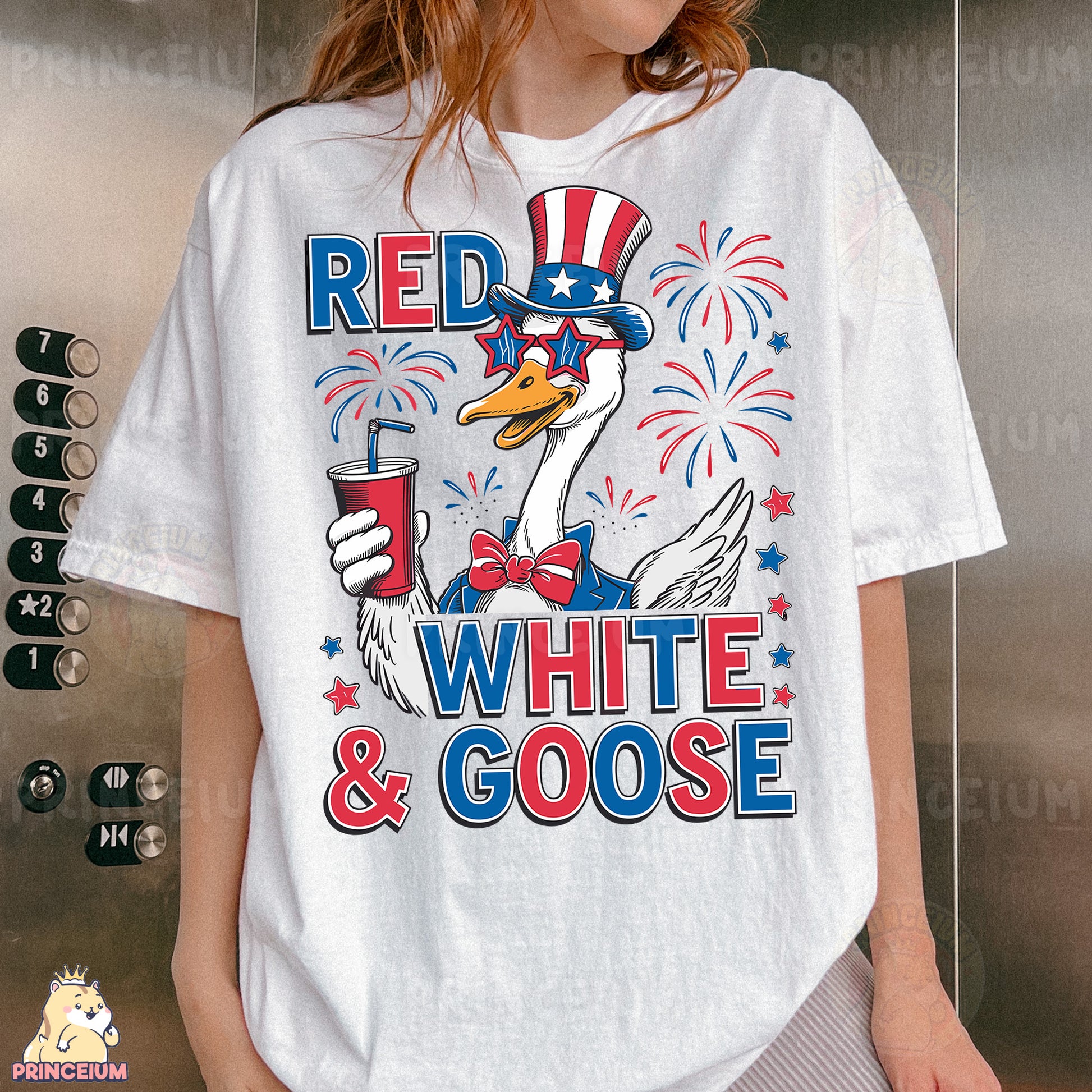 a woman wearing a red, white and goose t - shirt