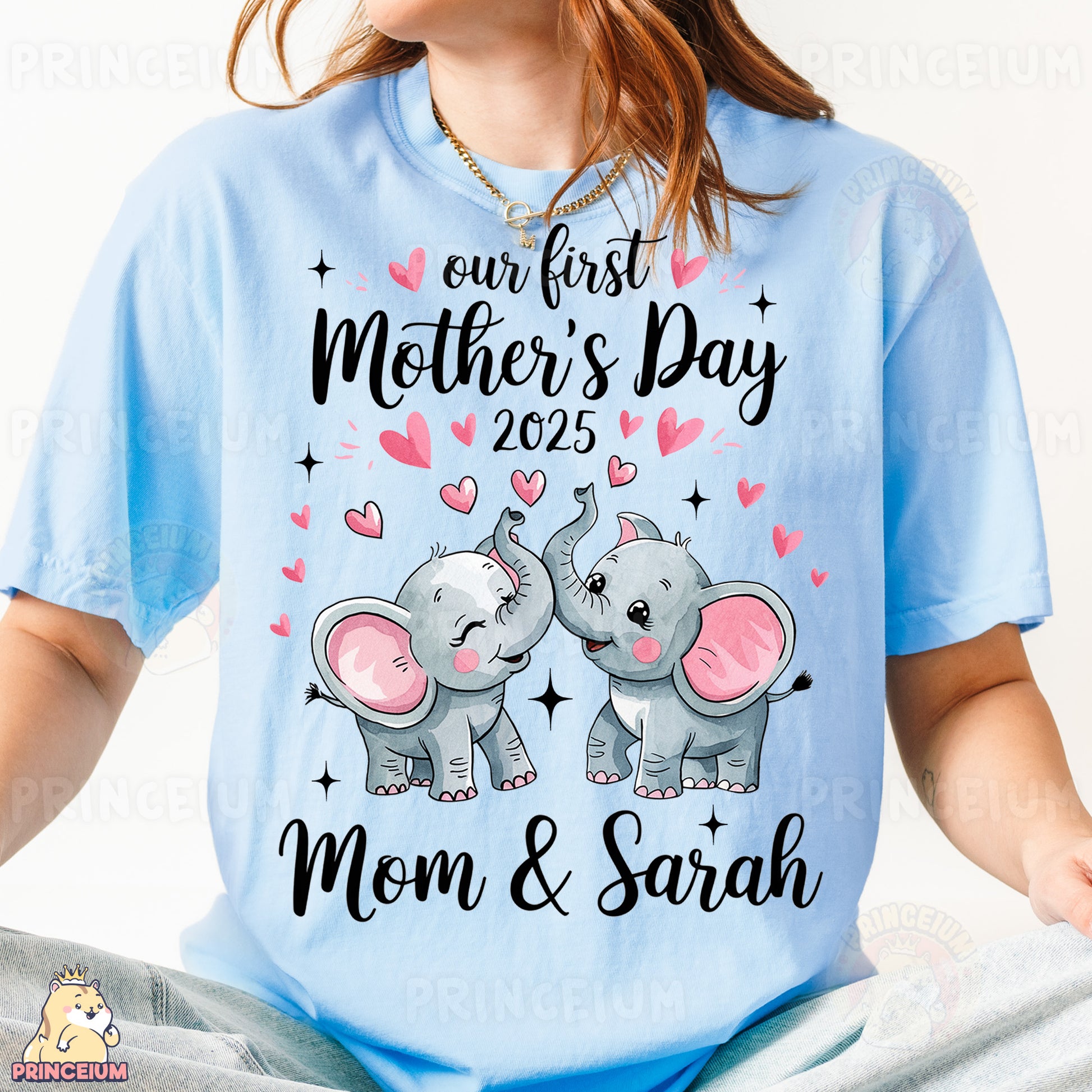 a woman wearing a t - shirt that says, our first mother's day