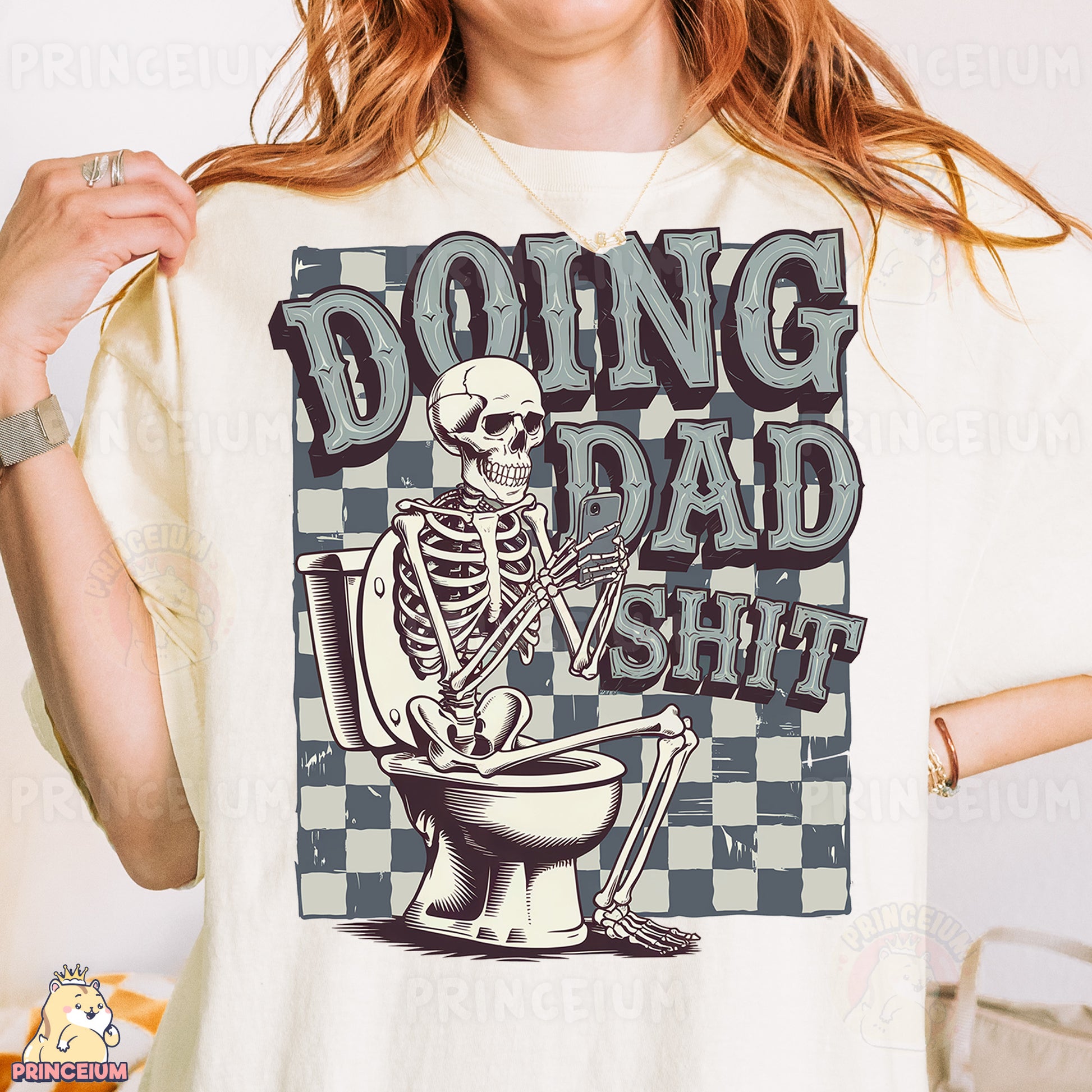 a woman wearing a t - shirt with a skeleton on the toilet