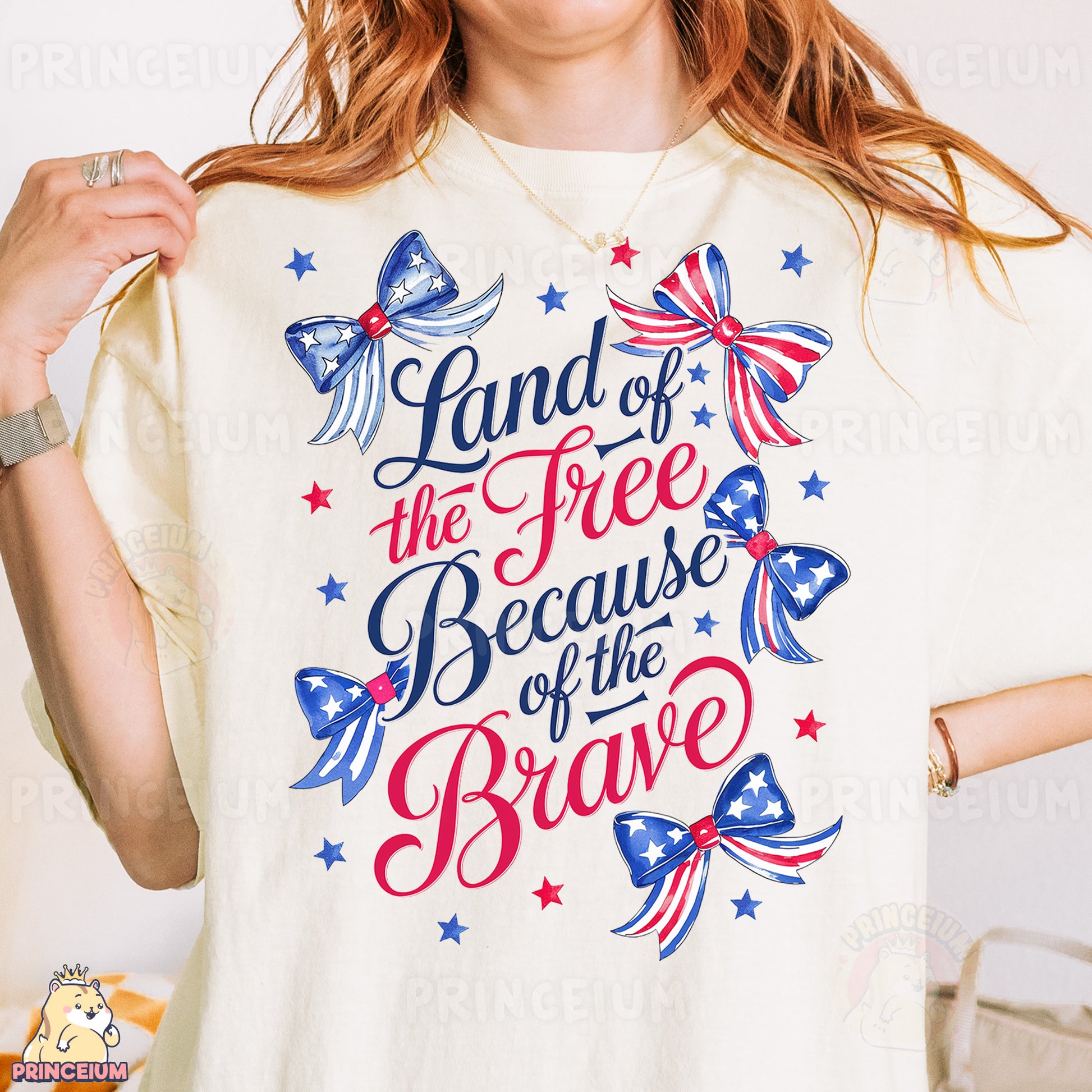 a woman wearing a t - shirt with the words land of the free because of