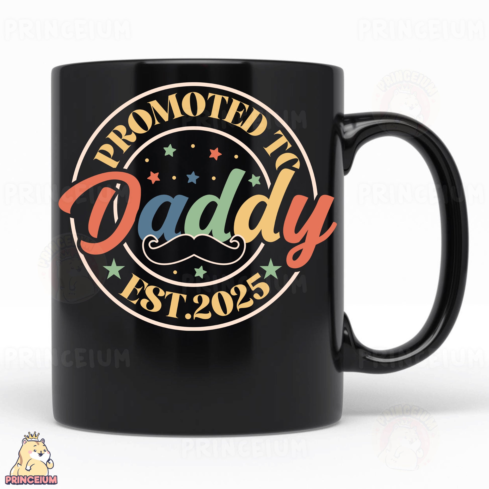 a black coffee mug with a mustache and stars on it
