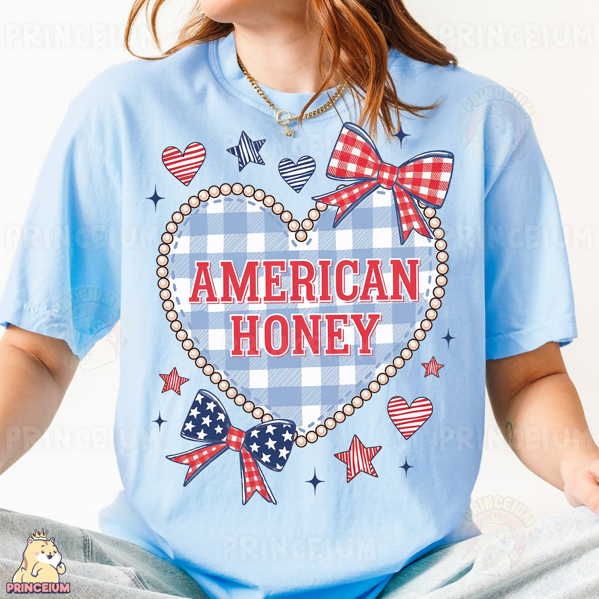 a woman wearing a blue american honey t - shirt