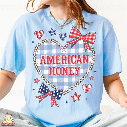 a woman wearing a blue american honey t - shirt