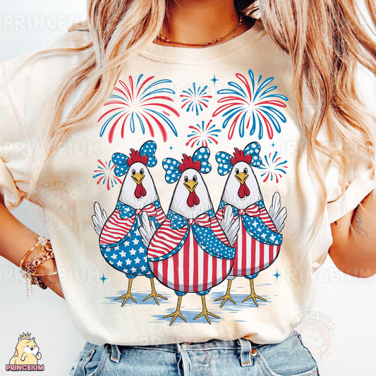 a woman wearing a patriotic t - shirt with three chickens on it
