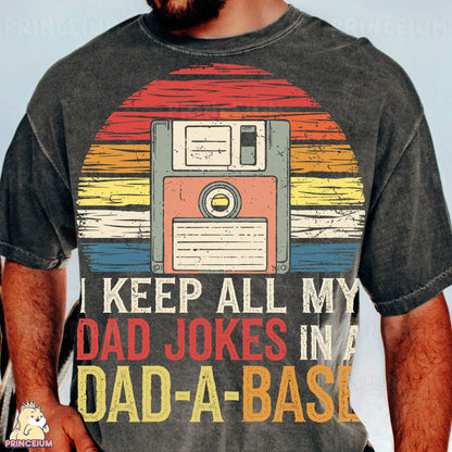 a man wearing a t - shirt that says keep all my dad jokes in a