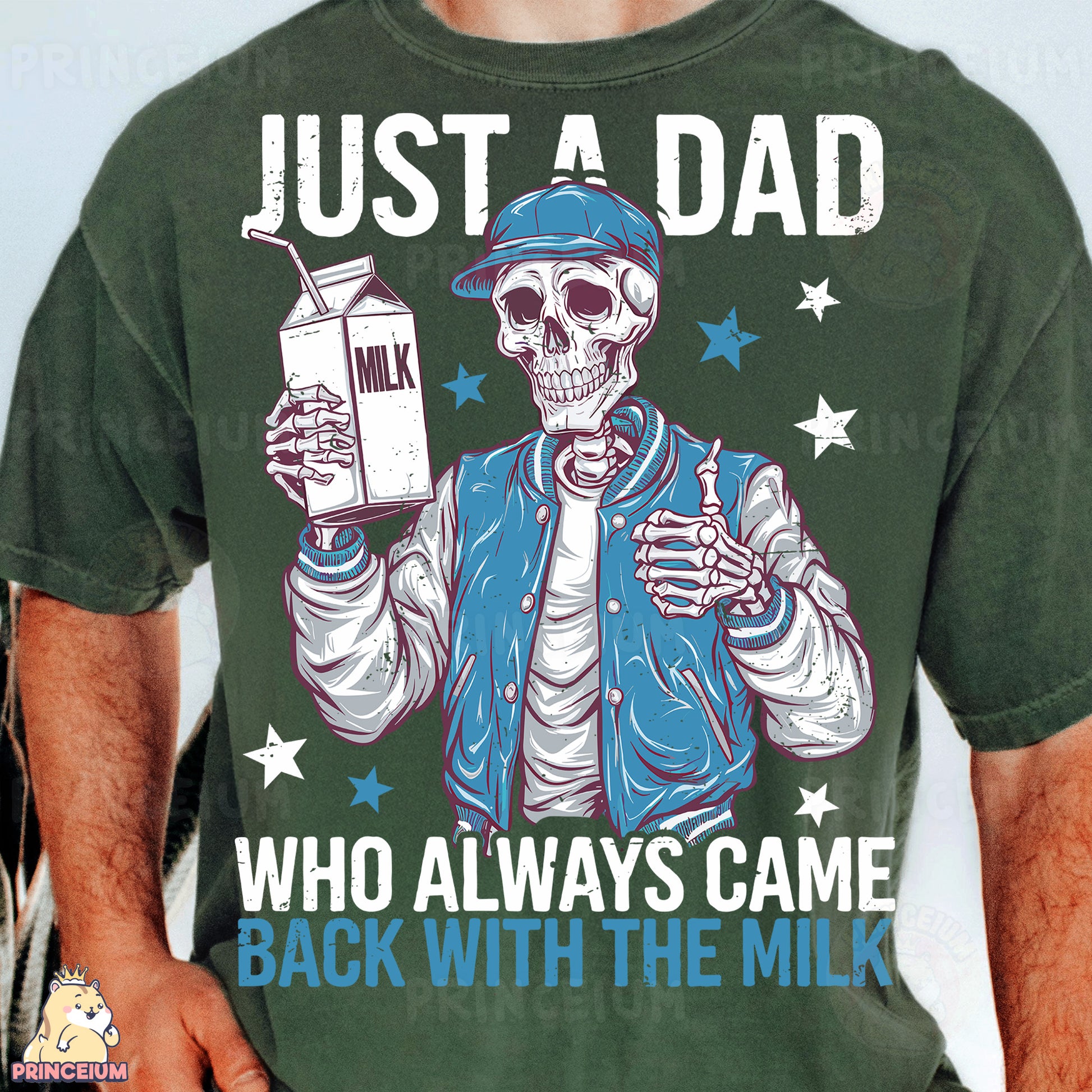 a man in a green shirt holding a milk carton