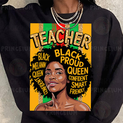 a woman wearing a black sweatshirt with a poster of a woman's face