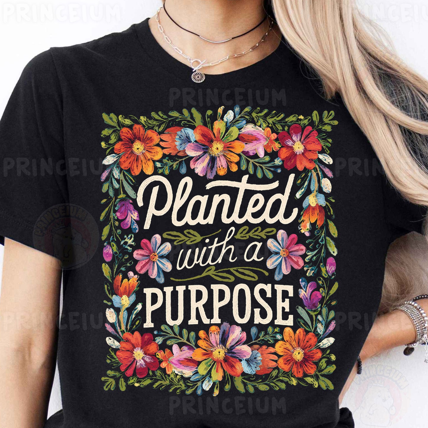 a woman wearing a black t - shirt that says, planted with a purpose