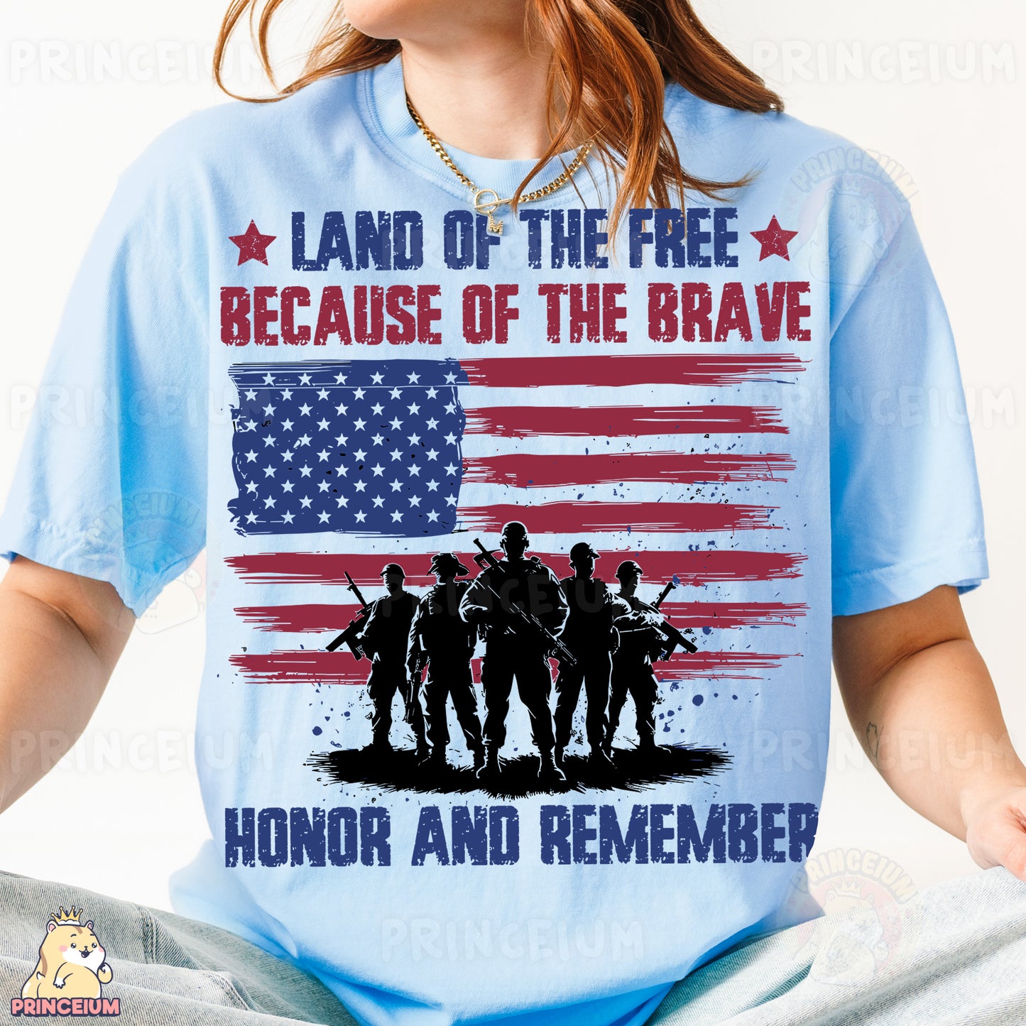 a woman wearing a t - shirt that says land of the free because of the