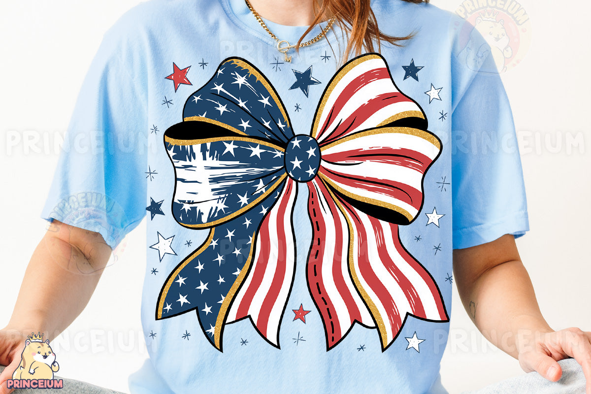 a woman wearing a blue shirt with an american flag bow on it