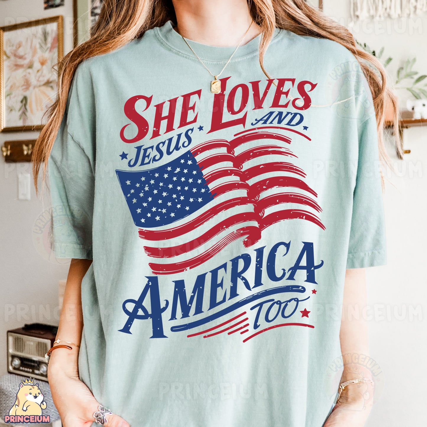 a woman wearing a t - shirt that says she loves jesus and america too