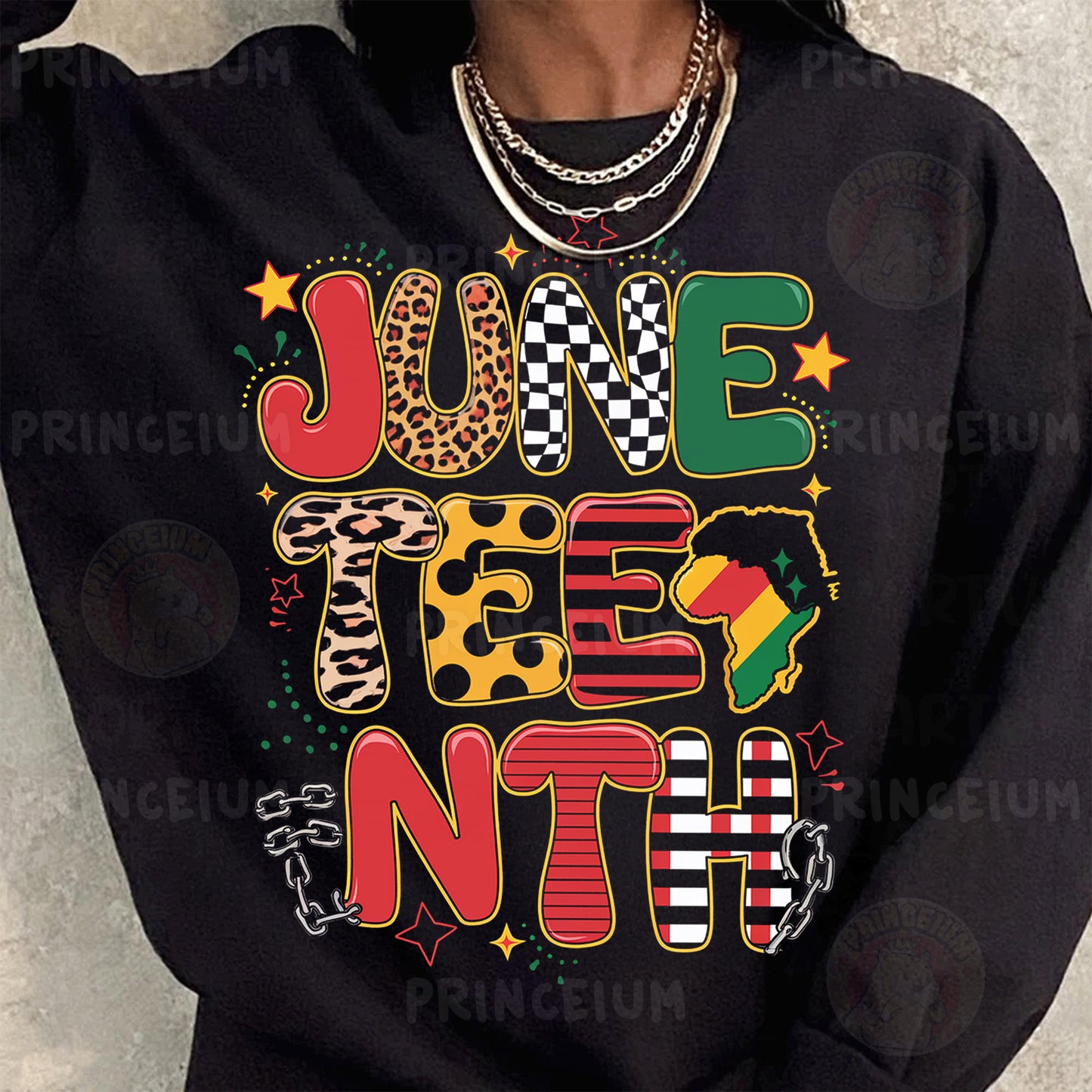 a woman wearing a black sweatshirt with a colorful graphic on it